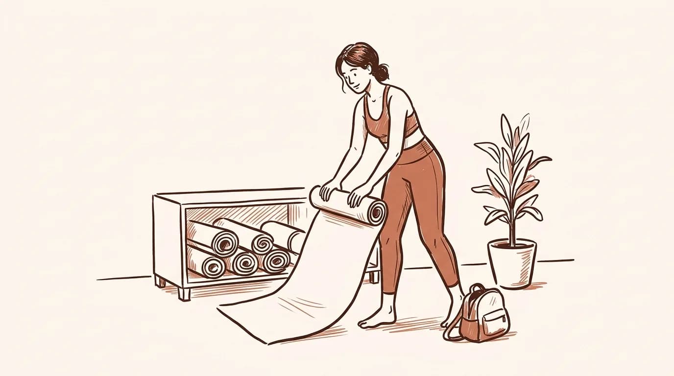 Ilustrație: o cursantă desfășoară o saltea luată de pe raftul cu saltele al studioului, cu rucsacul ei lângă picior și o plantă în ghiveci în colț