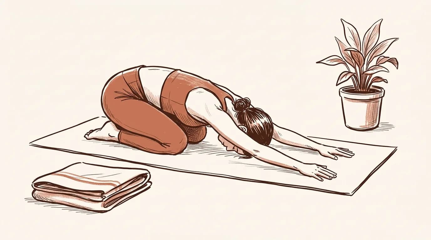 Ilustrație: o cursantă coboară în Balasana pe salteaua de yoga, cu brațele întinse în față, o pătură împăturită alături și o plantă în ghiveci în colț