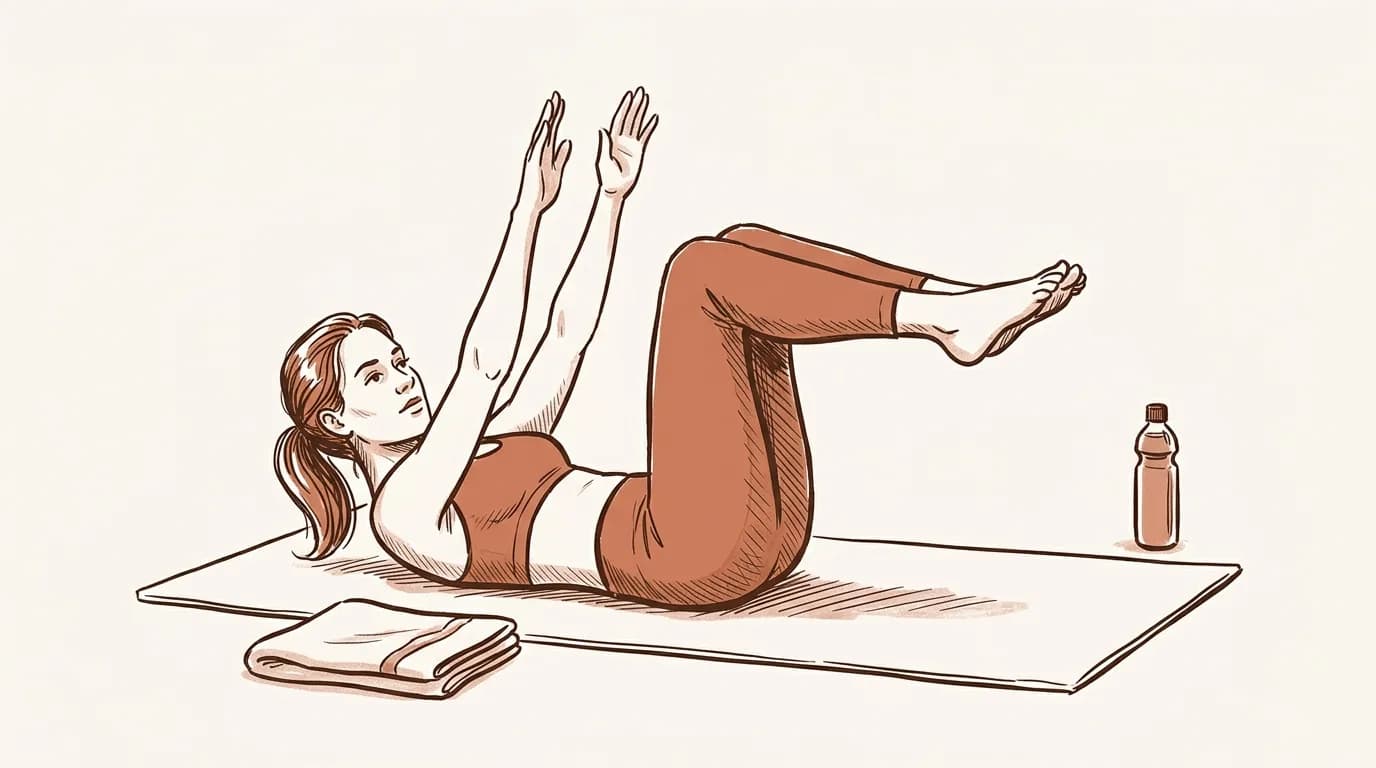 Ilustrație: o cursantă întinsă pe saltea, cu genunchii ridicați și brațele spre tavan, își desprinde ușor capul și umerii, cu un prosop împăturit și o sticlă de apă alături