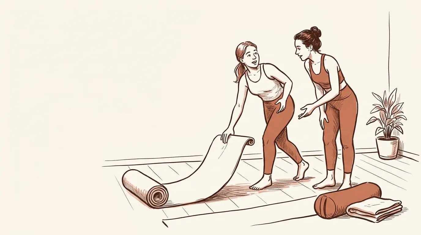 Ilustrație: o cursantă desfășoară o saltea în sala de yoga și se întoarce spre instructoare ca să întrebe ceva, cu un bolster și o pătură lângă ea