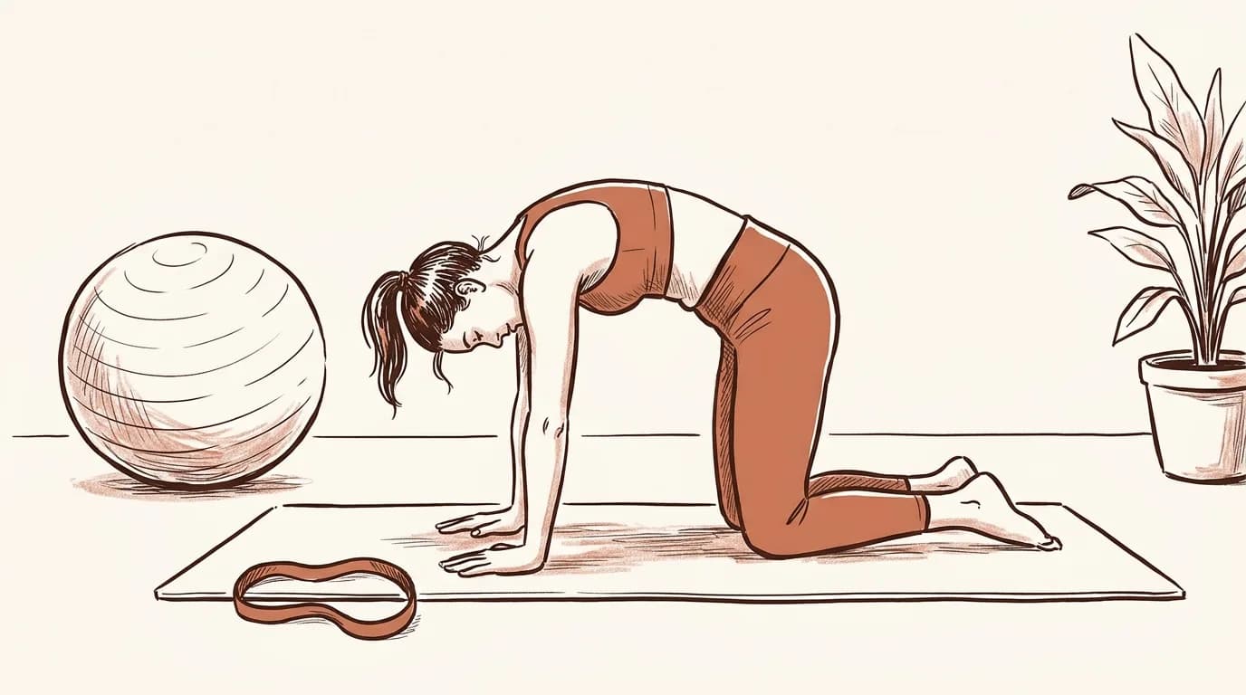 Ilustrație: o femeie în patru labe pe o saltea, cu spatele rotunjit într-o mișcare lentă, lângă o minge de fitness, o bandă elastică și o plantă în ghiveci