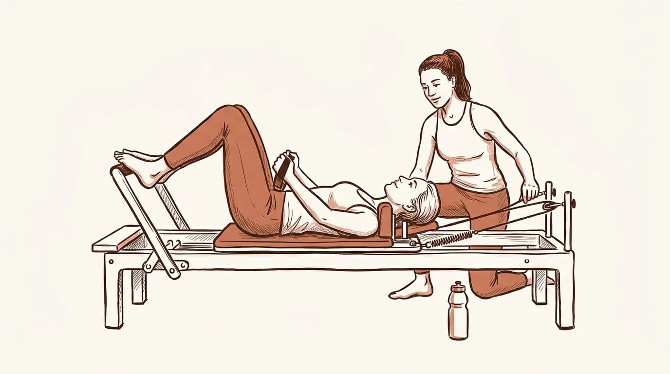Ilustrație: instructor reglând un arc al Reformerului în timp ce o cursantă lucrează pe cărucior