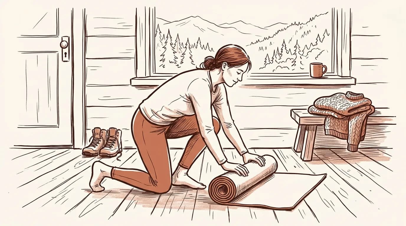 Ilustrație: o femeie desface o saltea de yoga pe podeaua de lemn a unei case de munte, cu bocanci lângă ușă, un pulover gros pe bancă și o cană pe pervaz