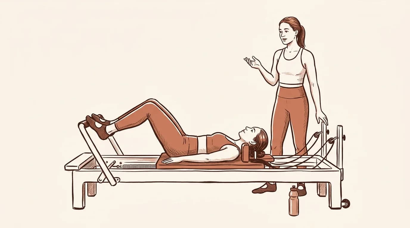Ilustrație: o cursantă întinsă pe căruciorul Reformerului împinge cu tălpile în footbar, iar instructoarea stă în picioare la capătul aparatului și îi explică mișcarea