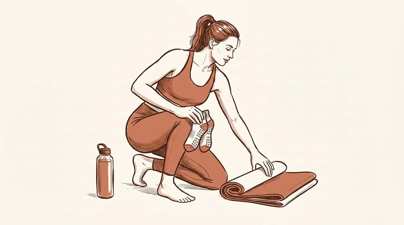 Ilustrație: o femeie în haine de sport își pregătește lucrurile, cu o pereche de șosete antiderapante în mână și o saltea făcută sul, lângă o sticlă de apă