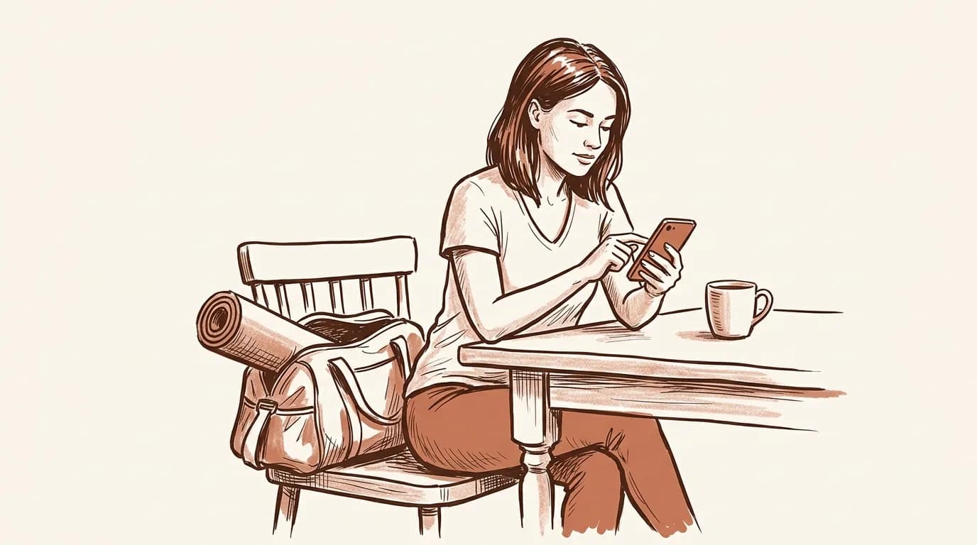 Ilustrație: o femeie la masa din bucătărie își mută o programare de pe telefon, cu geanta de sport și salteaua pe scaunul de lângă