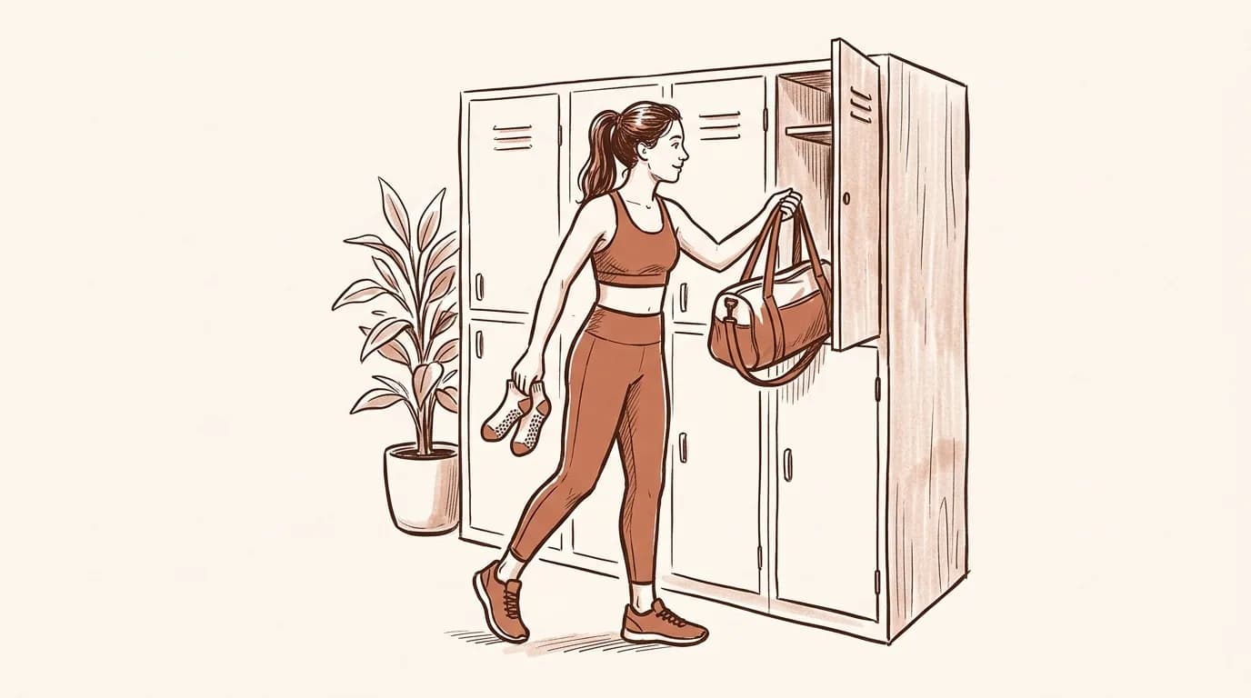 Ilustrație: o femeie venită la prima clasă își pune geanta în dulap, cu o pereche de șosete antiderapante în mână și o plantă în ghiveci alături