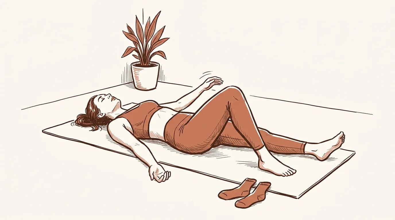 Ilustrație: o cursantă se lasă pe spate pe saltea la finalul orei de yoga, cu o pereche de șosete scoase lângă saltea și o plantă în ghiveci în colț