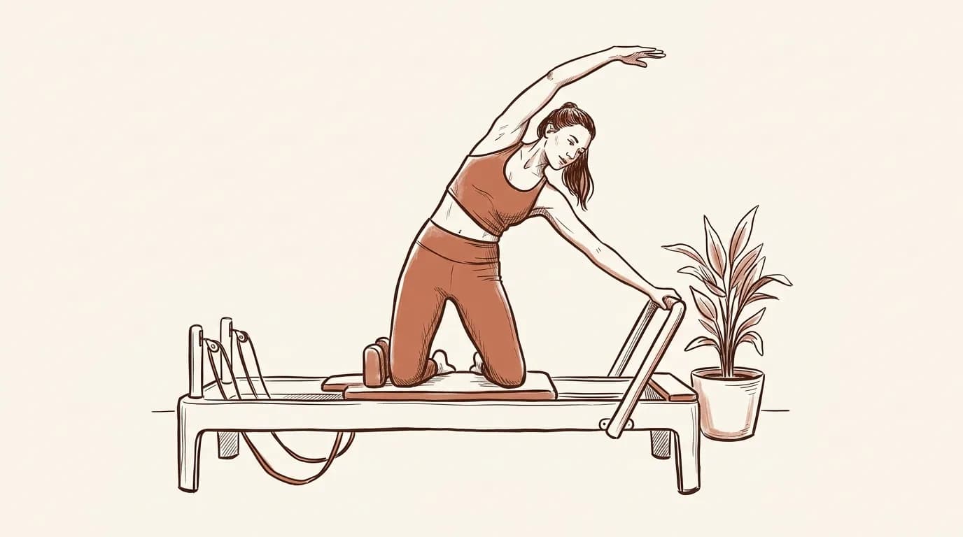 Ilustrație: o cursantă în genunchi pe căruciorul Reformerului face o înclinare laterală, cu un braț întins peste cap, lângă o plantă în ghiveci