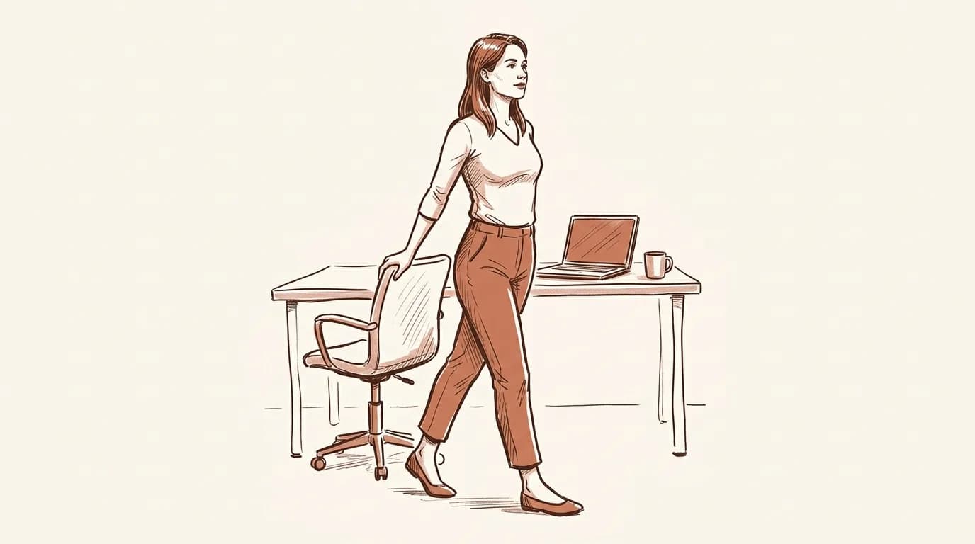 Ilustrație: o femeie s-a ridicat de la birou și se îndreaptă de spate, cu o mână pe spătarul scaunului gol, laptopul și cana rămase pe masă