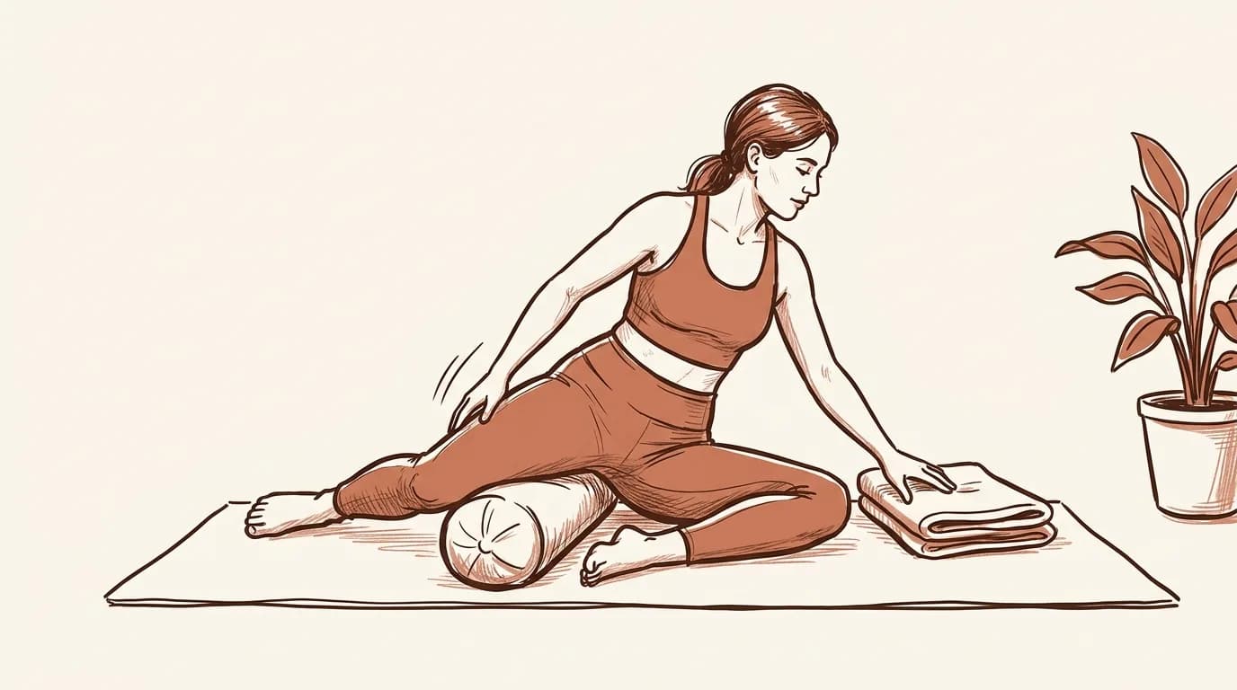 Ilustrație: o cursantă își așază un bolster sub șold și coboară încet într-o postură deschisă pentru șolduri, cu o pătură împăturită lângă ea