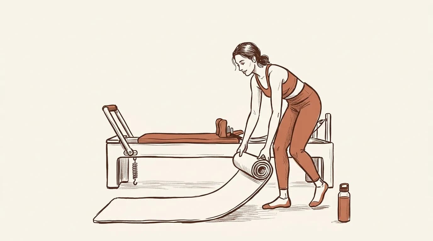 Ilustrație cu o femeie care desfășoară o saltea lângă un aparat Reformer, într-un studio de Pilates
