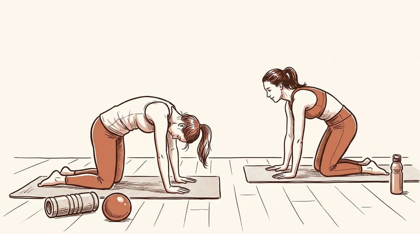 Ilustrație: o cursantă în patru labe pe saltea își rotunjește încet spatele, iar la câțiva pași instructoarea face aceeași mișcare pe salteaua ei; lângă cursantă stau o rolă și o minge mică