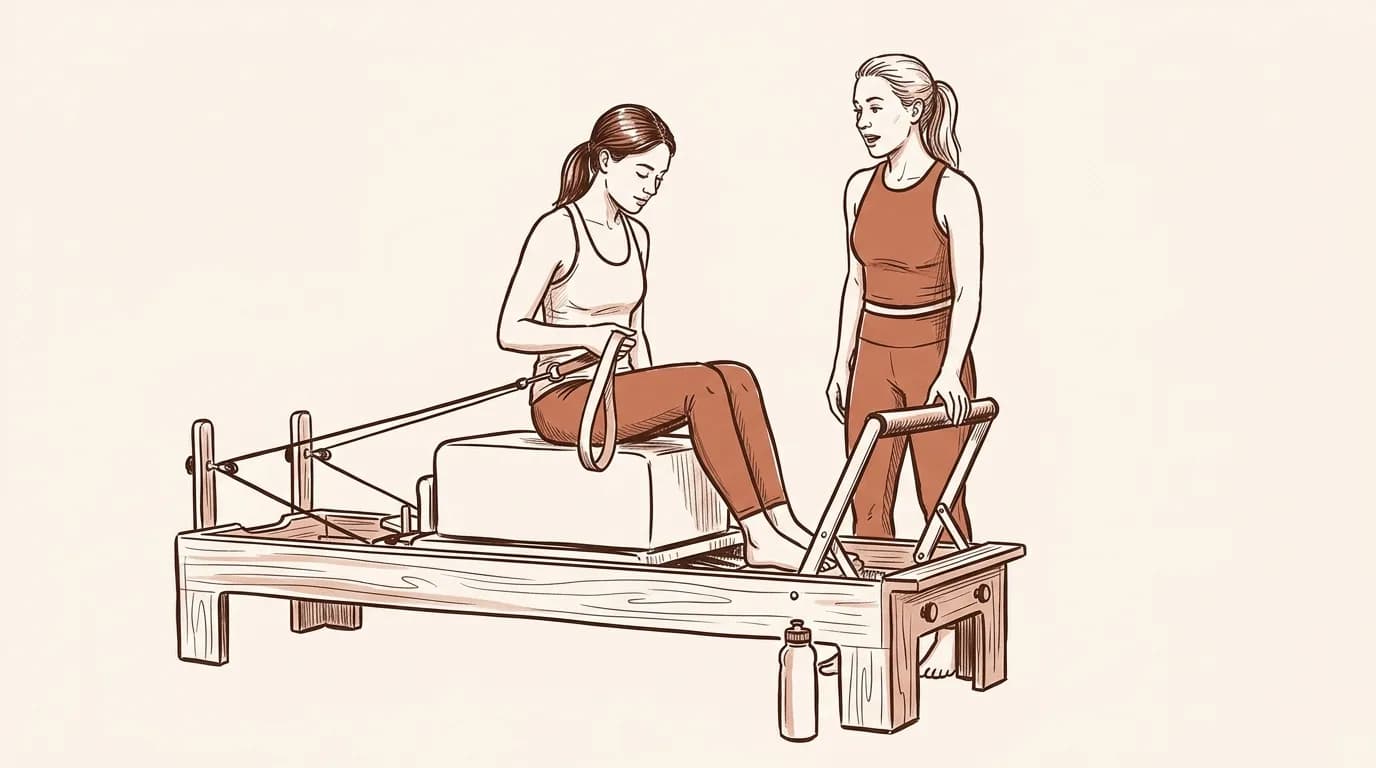 Ilustrație: o cursantă așezată pe căruciorul Reformerului ține o curea în mână, iar instructoarea îi arată footbar-ul la începutul orei