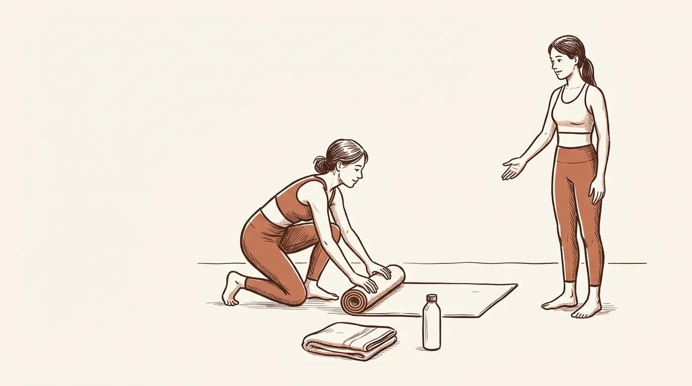 Ilustrație: o cursantă își desfășoară salteaua la începutul primei clase de yoga, cu o sticlă de apă și un prosop lângă ea, în timp ce instructoarea stă la marginea sălii