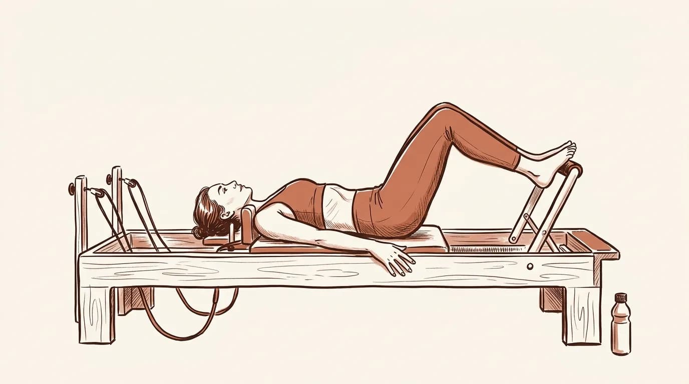 Ilustrație: o cursantă întinsă pe căruciorul Reformerului, la mijlocul unei mișcări lente, cu curelele atârnând relaxat lângă cadru