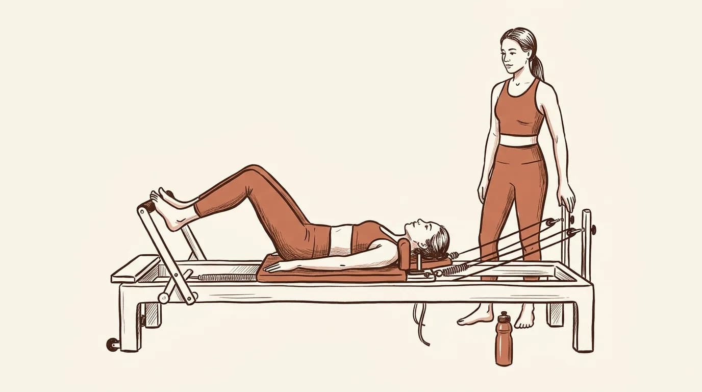 Ilustrație: o cursantă întinsă pe căruciorul Reformerului împinge footbar-ul cu tălpile, cu bazinul așezat pe cărucior, în timp ce instructoarea stă în picioare lângă cadru, cu o mână pe el, și se uită la mișcare