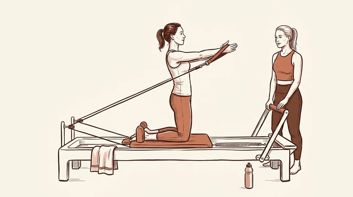 Ilustrație: o cursantă în genunchi pe căruciorul Reformerului trage curelele cu brațele întinse în față, iar instructoarea stă la capătul cadrului, cu mâinile pe footbar