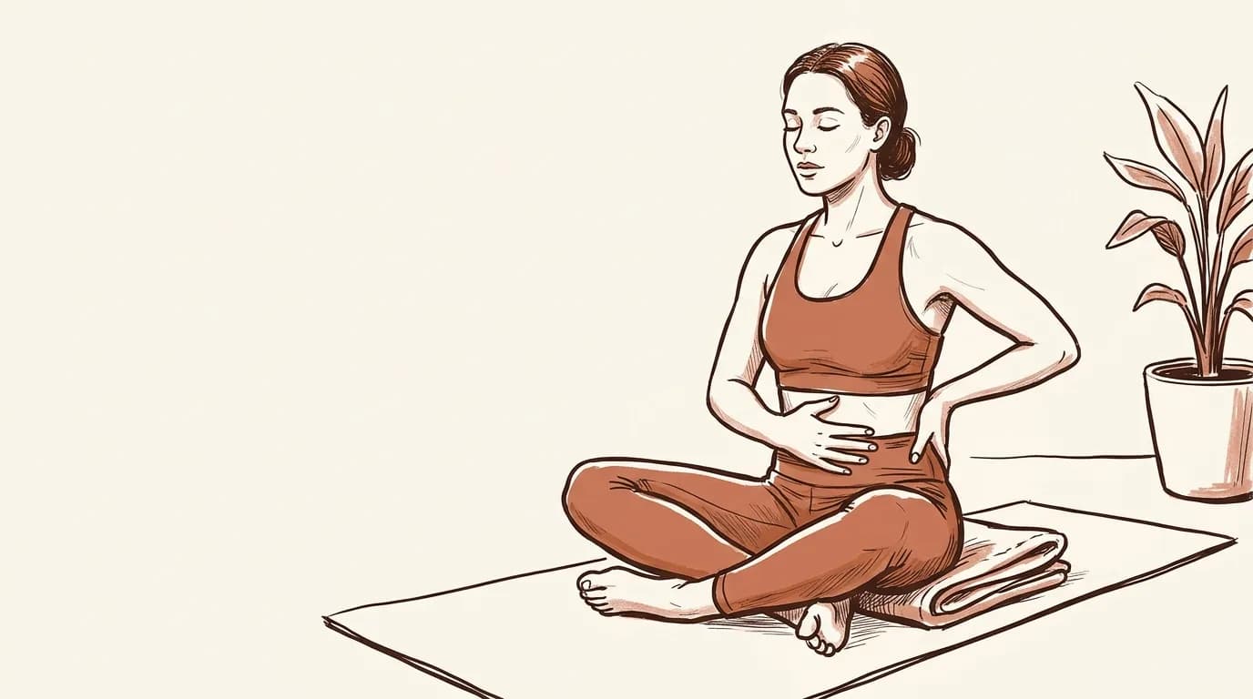 Ilustrație: o femeie stă turcește pe o saltea de yoga, pe o pătură împăturită, cu o palmă pe burtă și cealaltă pe coaste, cu ochii închiși, lângă o plantă la ghiveci
