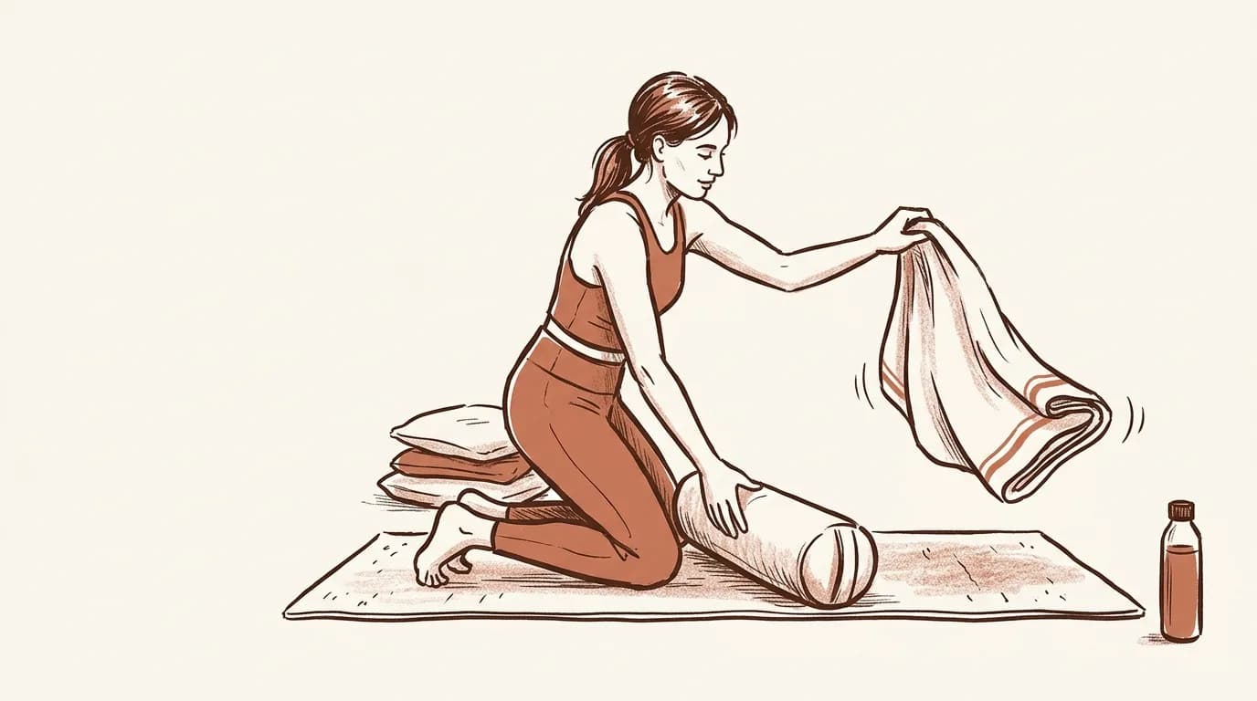 Ilustrație: o cursantă îngenuncheată pe salteaua de yoga așază un bolster și scutură o pătură, cu un teanc de perne lângă ea și o sticlă de apă la marginea cadrului