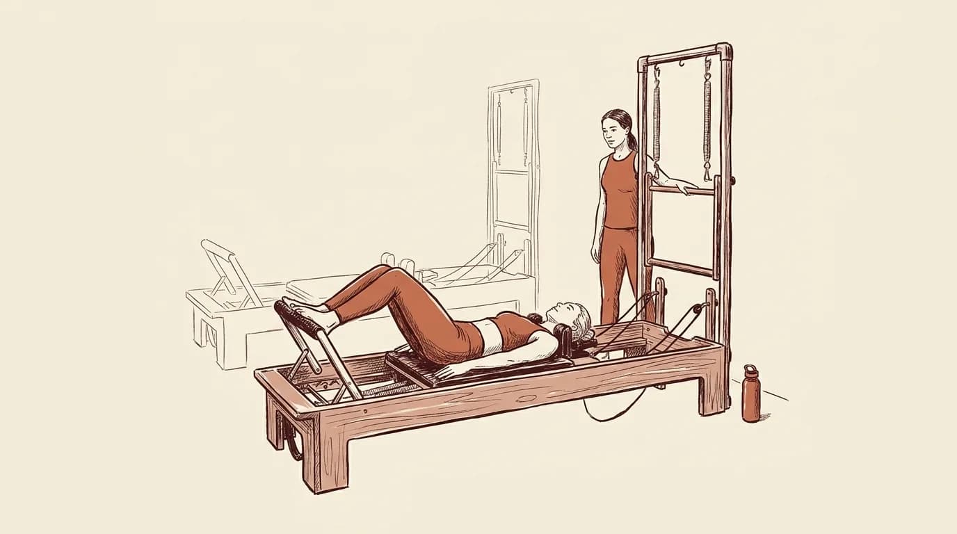 Ilustrație: instructoare stând la capătul cadrului, cu mâna pe arc, în timp ce o cursantă lucrează pe cărucior, cu al doilea Reformer liber în spate