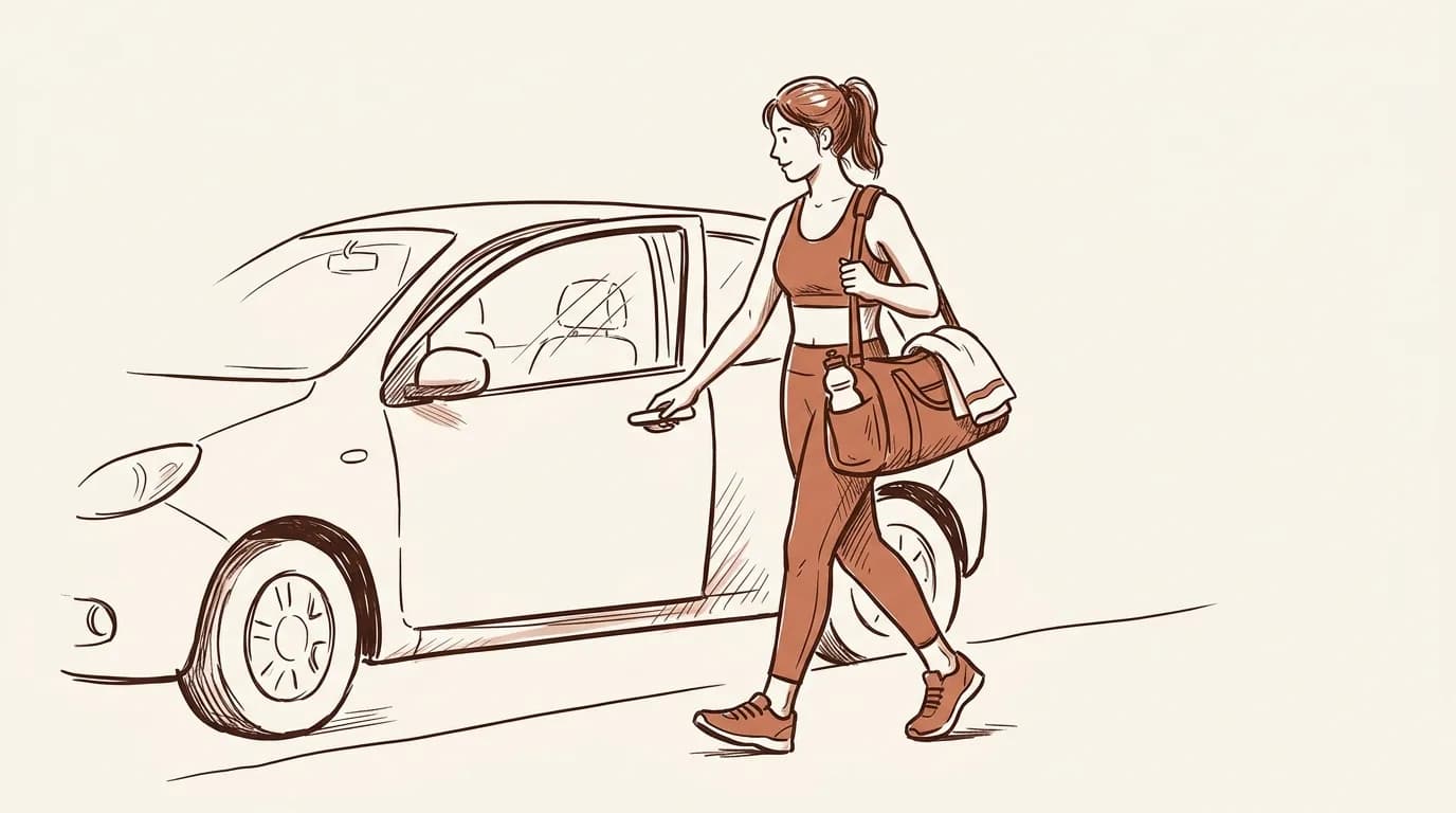 Ilustrație: o femeie închide portiera mașinii parcate și pornește cu geanta de sport pe umăr, cu o sticlă de apă în buzunarul genții