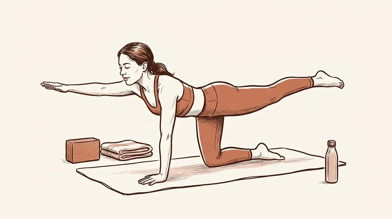 Ilustrație: o femeie în patru labe pe saltea întinde un braț înainte și piciorul opus înapoi, cu un bloc de yoga, o pătură împăturită și o sticlă de apă lângă ea