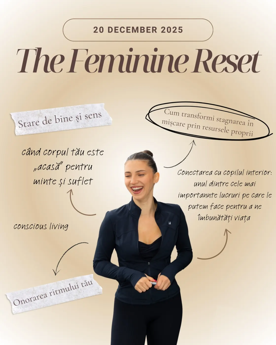 Afișul Conscious living: invitata râde, în jachetă neagră, printre notițe despre starea de bine și copilul interior