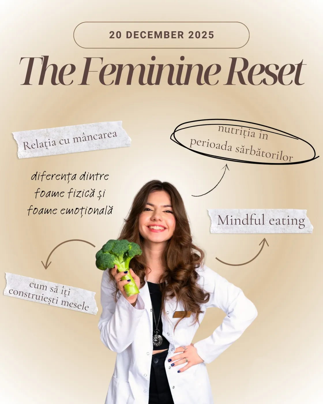 Afișul Mindful eating: invitata, în halat alb, ține un broccoli și zâmbește, printre notițe despre relația cu mâncarea