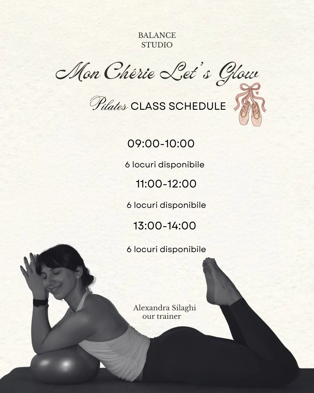 Afișul cu programul claselor de pilates: 9, 11 și 13, câte 6 locuri