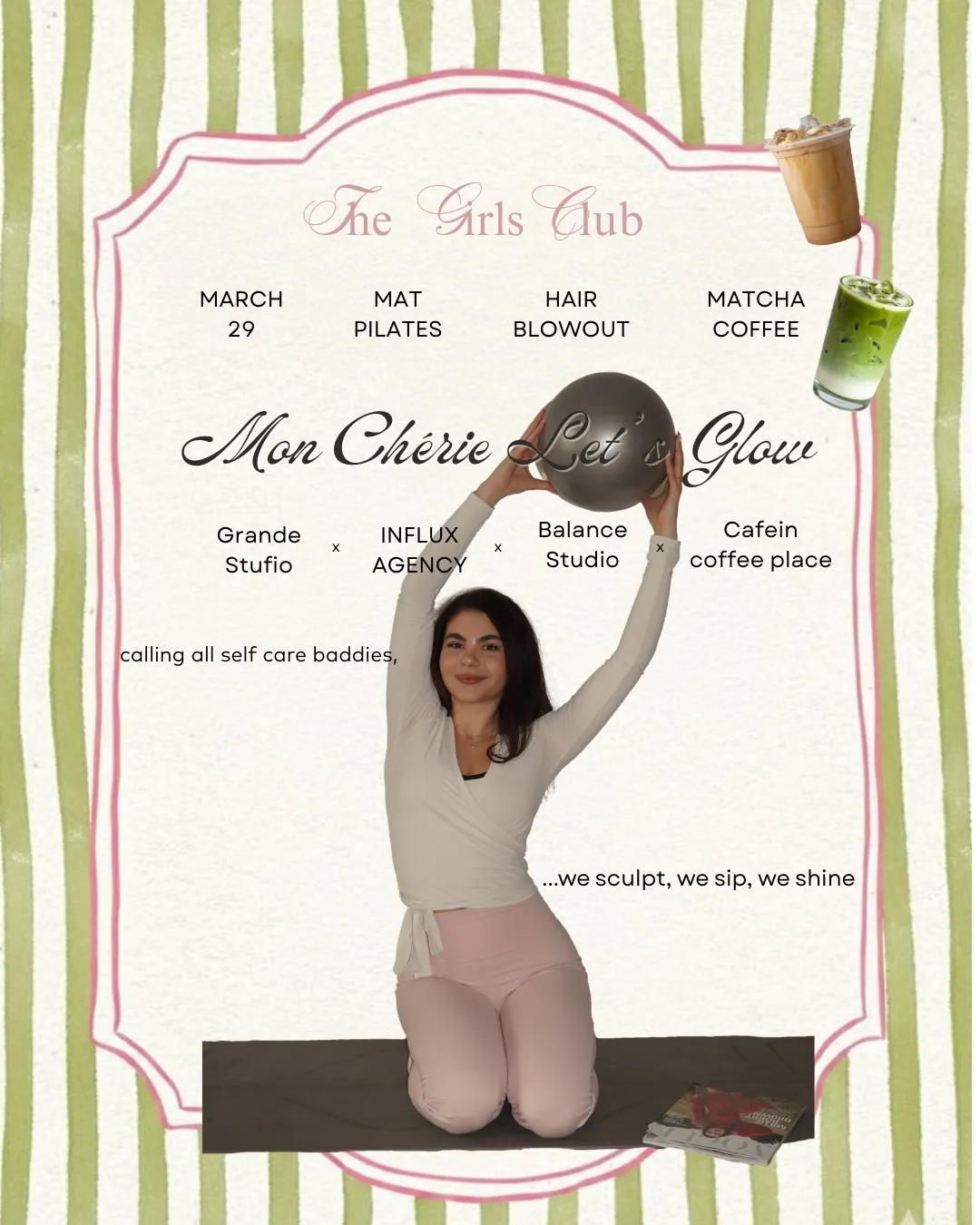 Afișul Mon Chérie Let's Glow: o fată în alb și roz ține o minge de pilates deasupra capului, într-o ramă roz, pe dungi verzi