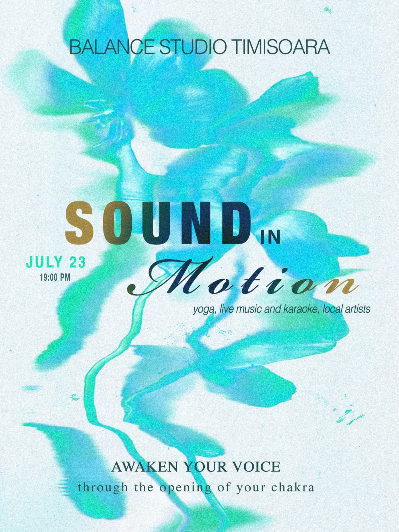 Afișul Sound in Motion: o floare albastră-turcoaz, cu titlul în auriu și bleumarin