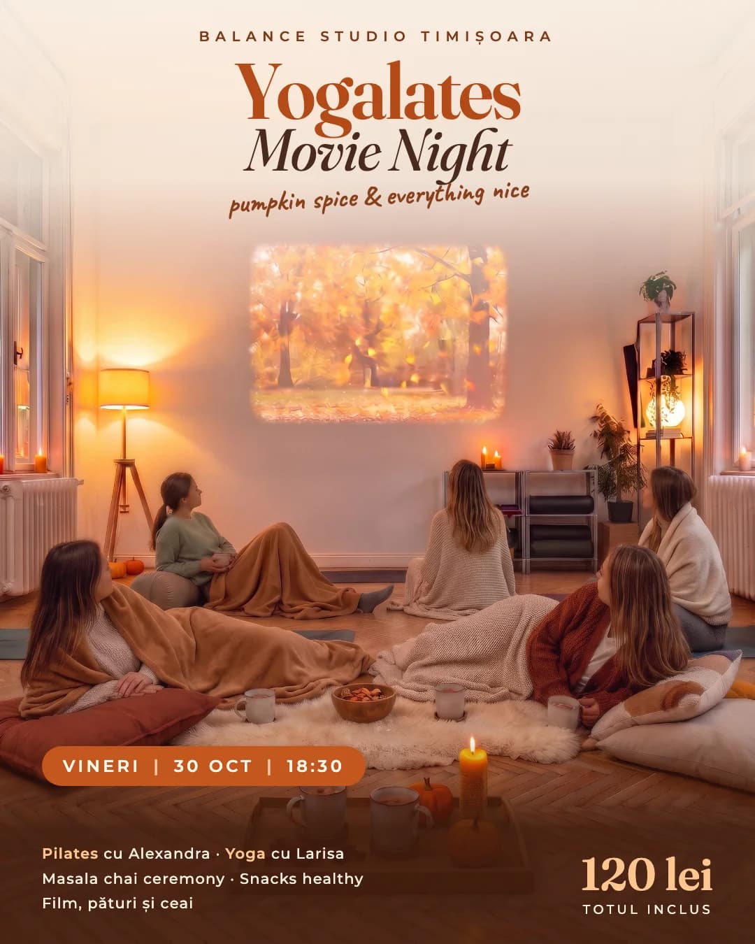 Afișul Yogalates Movie Night: șase fete întinse relaxat pe perne și saltele, sub pături, privesc un film proiectat pe perete, în studio, la lumina lămpilor și a lumânărilor