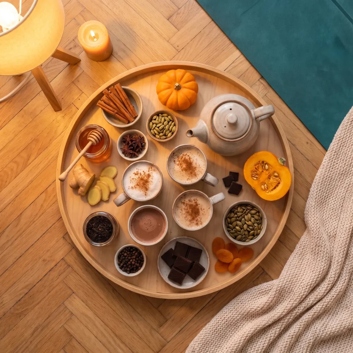 Tava pentru ceremonia de masala chai, pe parchetul din studio: ceainic, căni de chai cu scorțișoară, condimente, ghimbir, miere, dovleac și ciocolată