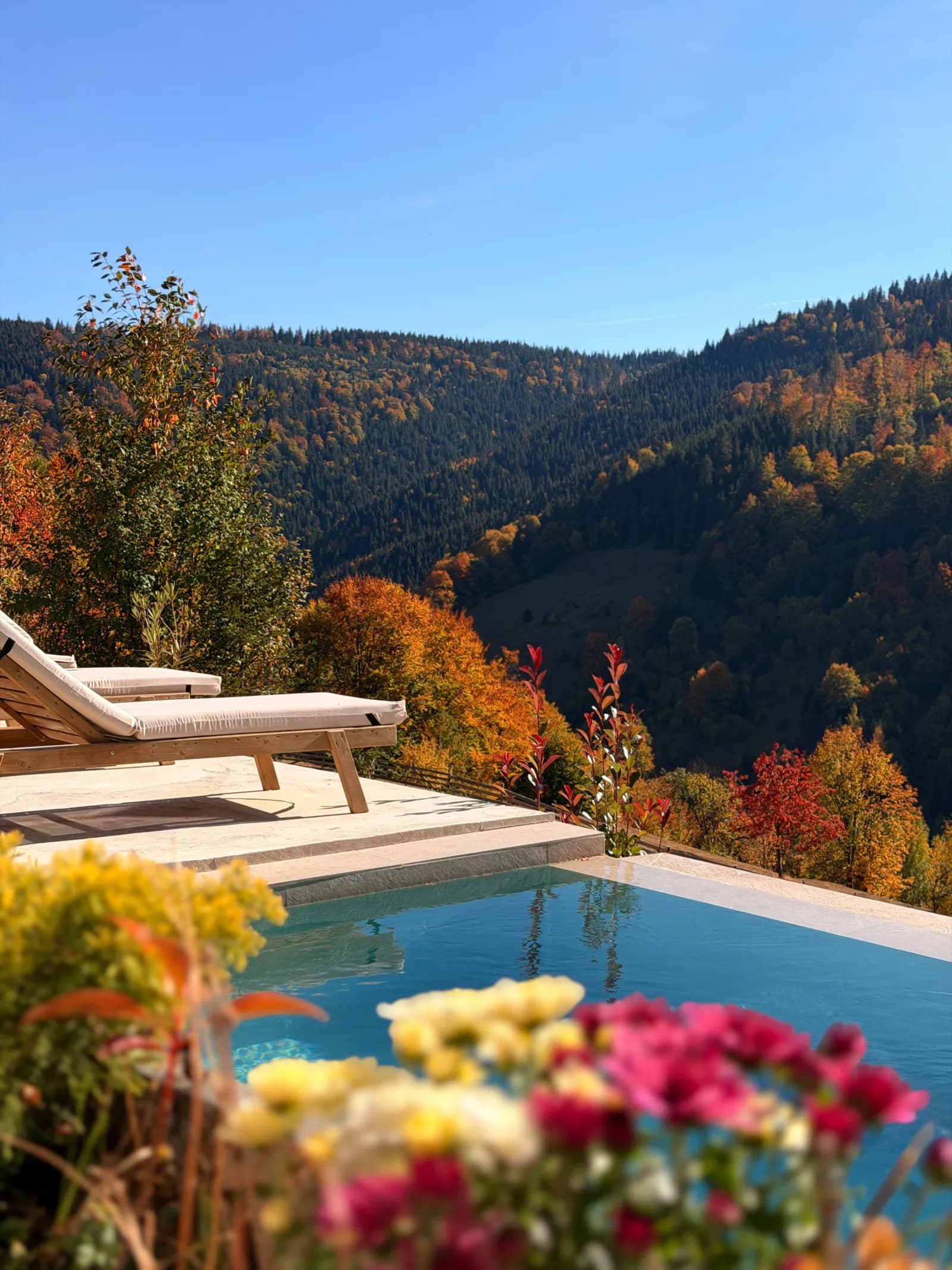 Piscina de pe deal, cu șezlonguri, flori și pădurile de toamnă în spate