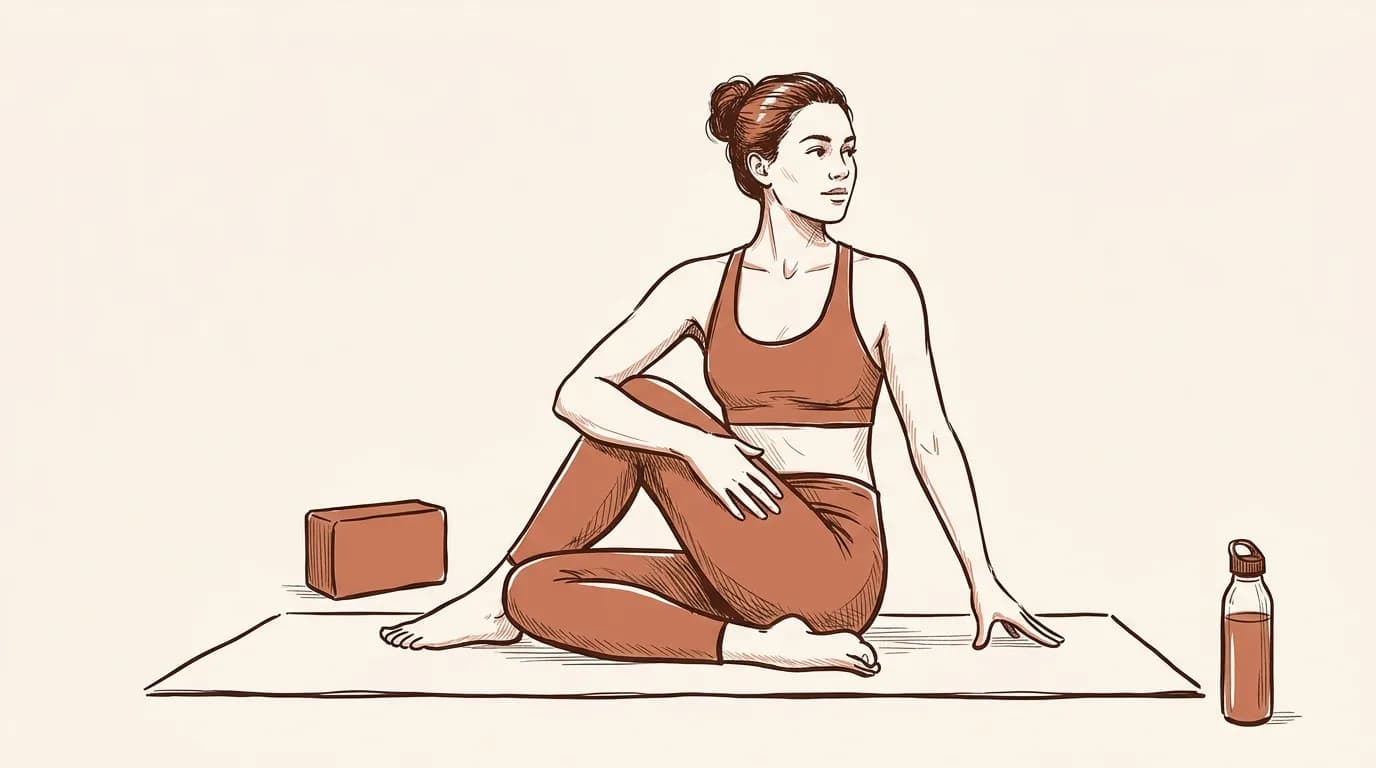 Ilustrație: o cursantă așezată pe saltea se răsucește ușor din trunchi, cu o mână pe genunchi și bazinul pe podea, lângă un bloc de yoga și o sticlă de apă